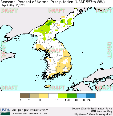 Korea Seasonal Percent of Normal Precipitation (USAF 557th WW) Thematic Map For 9/1/2021 - 5/20/2022