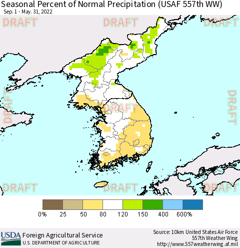 Korea Seasonal Percent of Normal Precipitation (USAF 557th WW) Thematic Map For 9/1/2021 - 5/31/2022