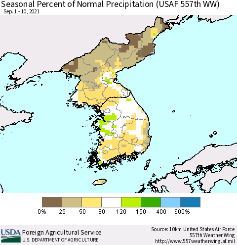 Korea Seasonal Percent of Normal Precipitation (USAF 557th WW) Thematic Map For 9/1/2021 - 9/10/2021