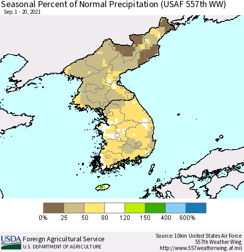 Korea Seasonal Percent of Normal Precipitation (USAF 557th WW) Thematic Map For 9/1/2021 - 9/20/2021