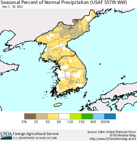 Korea Seasonal Percent of Normal Precipitation (USAF 557th WW) Thematic Map For 9/1/2021 - 9/30/2021