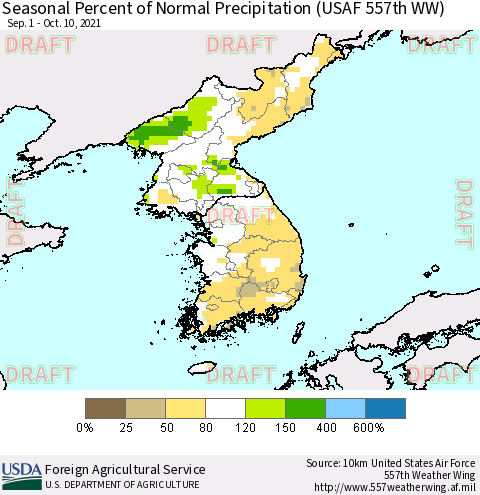 Korea Seasonal Percent of Normal Precipitation (USAF 557th WW) Thematic Map For 9/1/2021 - 10/10/2021