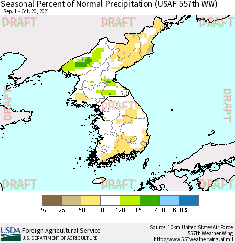 Korea Seasonal Percent of Normal Precipitation (USAF 557th WW) Thematic Map For 9/1/2021 - 10/20/2021