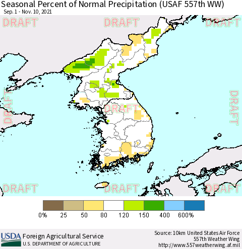 Korea Seasonal Percent of Normal Precipitation (USAF 557th WW) Thematic Map For 9/1/2021 - 11/10/2021