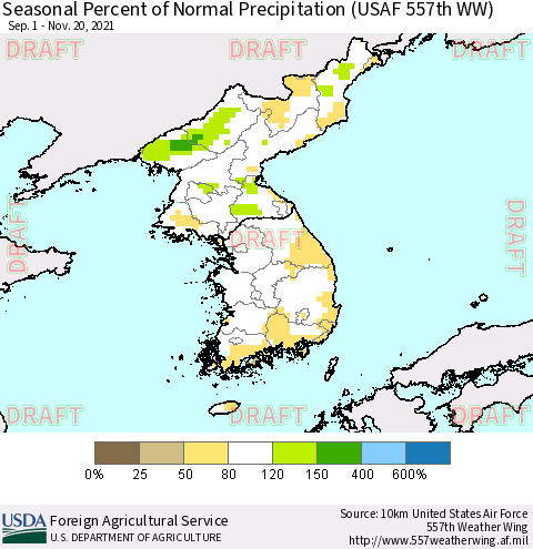 Korea Seasonal Percent of Normal Precipitation (USAF 557th WW) Thematic Map For 9/1/2021 - 11/20/2021