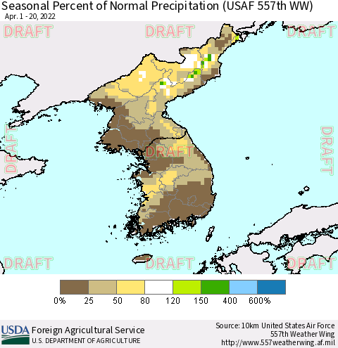 Korea Seasonal Percent of Normal Precipitation (USAF 557th WW) Thematic Map For 4/1/2022 - 4/20/2022