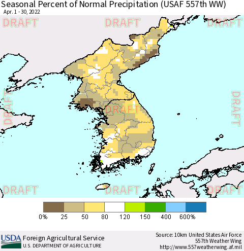 Korea Seasonal Percent of Normal Precipitation (USAF 557th WW) Thematic Map For 4/1/2022 - 4/30/2022
