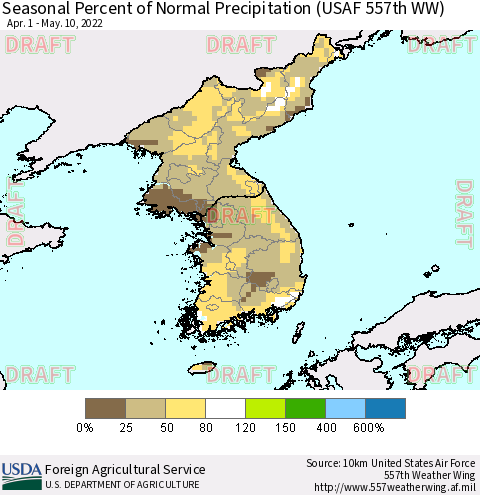 Korea Seasonal Percent of Normal Precipitation (USAF 557th WW) Thematic Map For 4/1/2022 - 5/10/2022