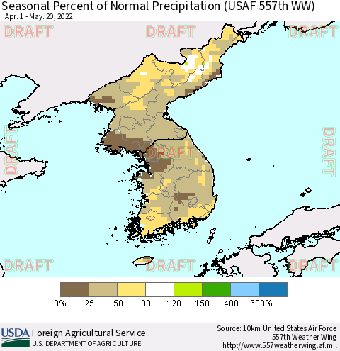 Korea Seasonal Percent of Normal Precipitation (USAF 557th WW) Thematic Map For 4/1/2022 - 5/20/2022