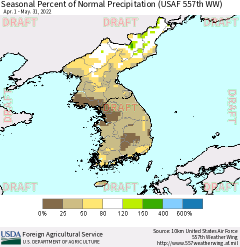 Korea Seasonal Percent of Normal Precipitation (USAF 557th WW) Thematic Map For 4/1/2022 - 5/31/2022
