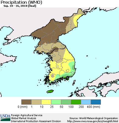 Korea Precipitation (WMO) Thematic Map For 9/10/2018 - 9/16/2018