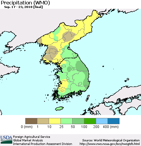 Korea Precipitation (WMO) Thematic Map For 9/17/2018 - 9/23/2018