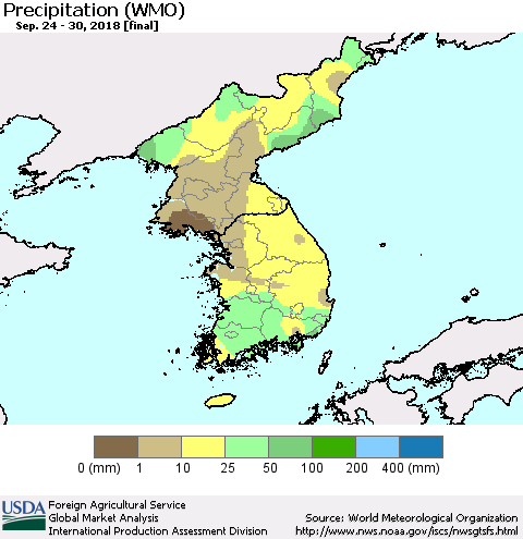 Korea Precipitation (WMO) Thematic Map For 9/24/2018 - 9/30/2018