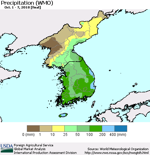 Korea Precipitation (WMO) Thematic Map For 10/1/2018 - 10/7/2018