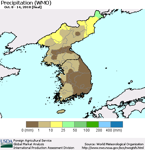 Korea Precipitation (WMO) Thematic Map For 10/8/2018 - 10/14/2018