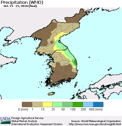 Korea Precipitation (WMO) Thematic Map For 10/15/2018 - 10/21/2018