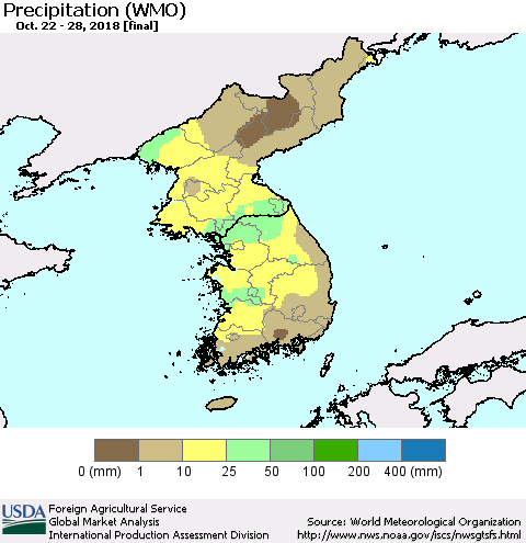 Korea Precipitation (WMO) Thematic Map For 10/22/2018 - 10/28/2018