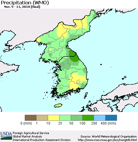 Korea Precipitation (WMO) Thematic Map For 11/5/2018 - 11/11/2018