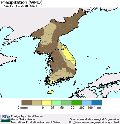 Korea Precipitation (WMO) Thematic Map For 11/12/2018 - 11/18/2018