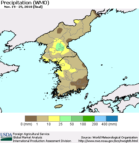 Korea Precipitation (WMO) Thematic Map For 11/19/2018 - 11/25/2018