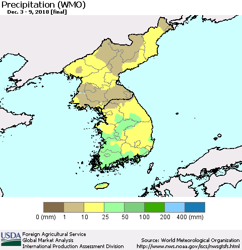 Korea Precipitation (WMO) Thematic Map For 12/3/2018 - 12/9/2018