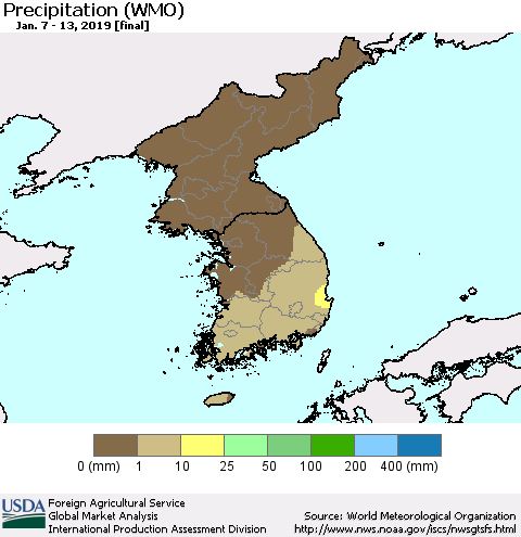 Korea Precipitation (WMO) Thematic Map For 1/7/2019 - 1/13/2019