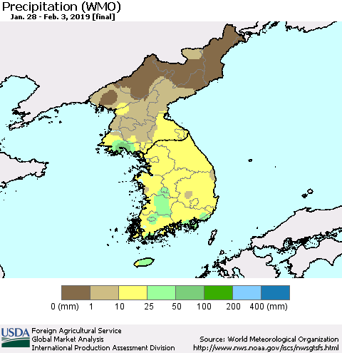 Korea Precipitation (WMO) Thematic Map For 1/28/2019 - 2/3/2019