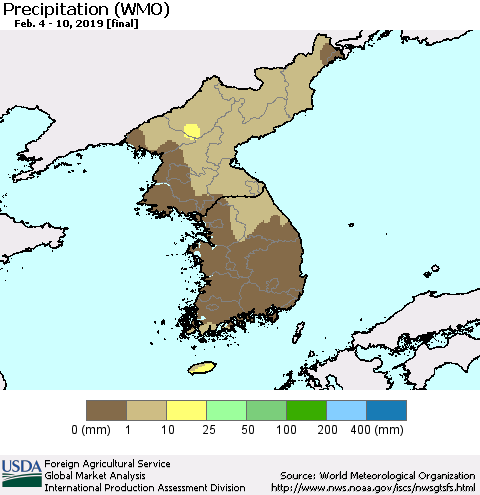 Korea Precipitation (WMO) Thematic Map For 2/4/2019 - 2/10/2019