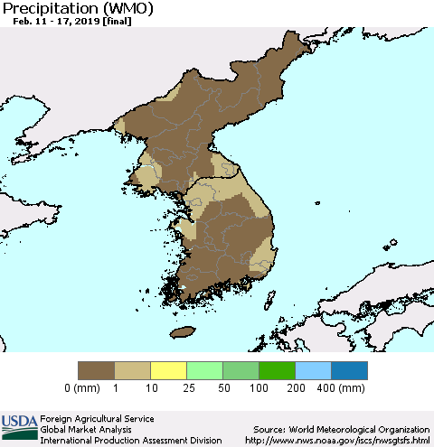 Korea Precipitation (WMO) Thematic Map For 2/11/2019 - 2/17/2019