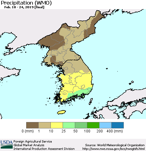Korea Precipitation (WMO) Thematic Map For 2/18/2019 - 2/24/2019