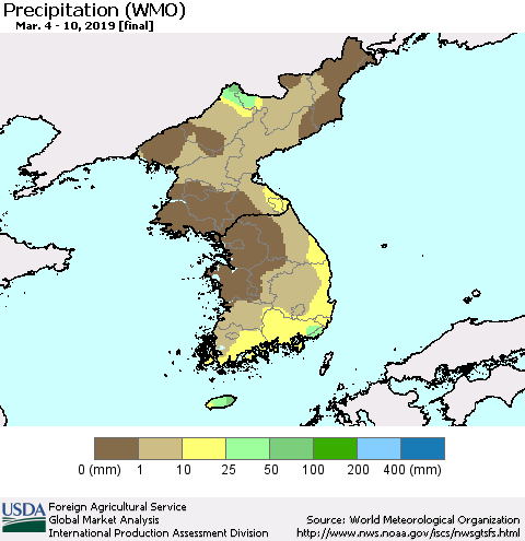 Korea Precipitation (WMO) Thematic Map For 3/4/2019 - 3/10/2019