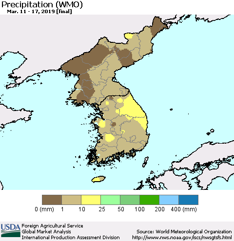 Korea Precipitation (WMO) Thematic Map For 3/11/2019 - 3/17/2019