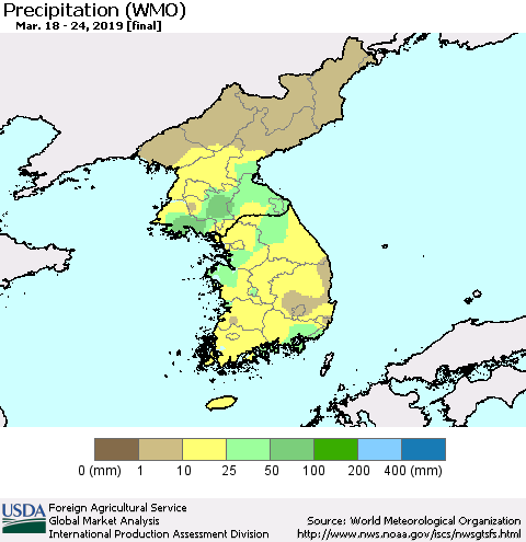 Korea Precipitation (WMO) Thematic Map For 3/18/2019 - 3/24/2019