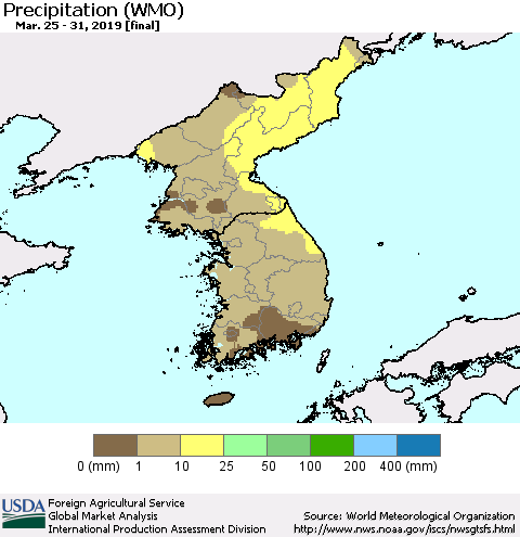 Korea Precipitation (WMO) Thematic Map For 3/25/2019 - 3/31/2019