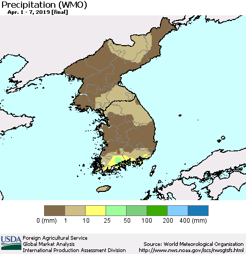Korea Precipitation (WMO) Thematic Map For 4/1/2019 - 4/7/2019