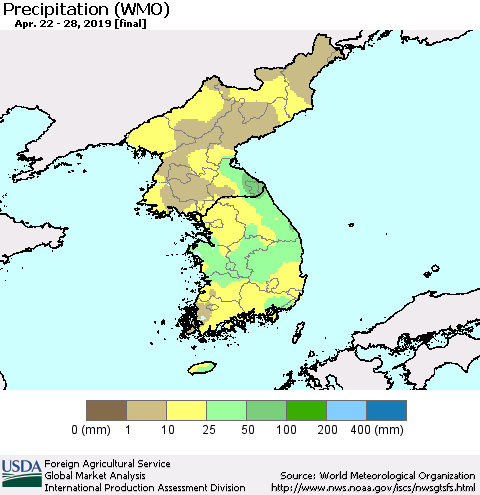 Korea Precipitation (WMO) Thematic Map For 4/22/2019 - 4/28/2019