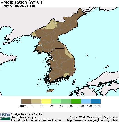 Korea Precipitation (WMO) Thematic Map For 5/6/2019 - 5/12/2019