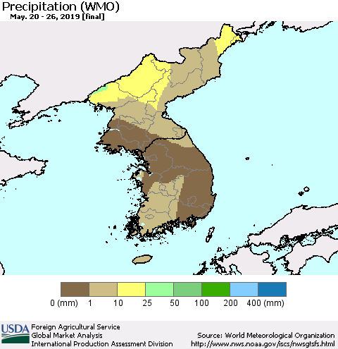 Korea Precipitation (WMO) Thematic Map For 5/20/2019 - 5/26/2019