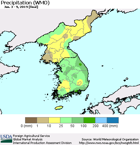 Korea Precipitation (WMO) Thematic Map For 6/3/2019 - 6/9/2019