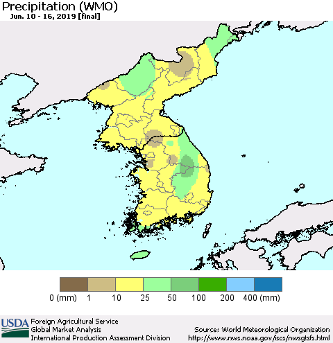 Korea Precipitation (WMO) Thematic Map For 6/10/2019 - 6/16/2019