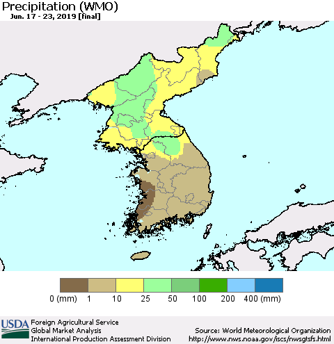 Korea Precipitation (WMO) Thematic Map For 6/17/2019 - 6/23/2019