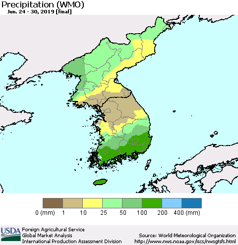 Korea Precipitation (WMO) Thematic Map For 6/24/2019 - 6/30/2019