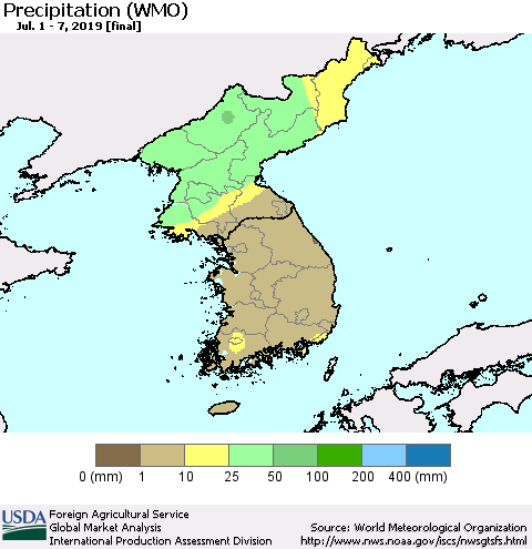 Korea Precipitation (WMO) Thematic Map For 7/1/2019 - 7/7/2019