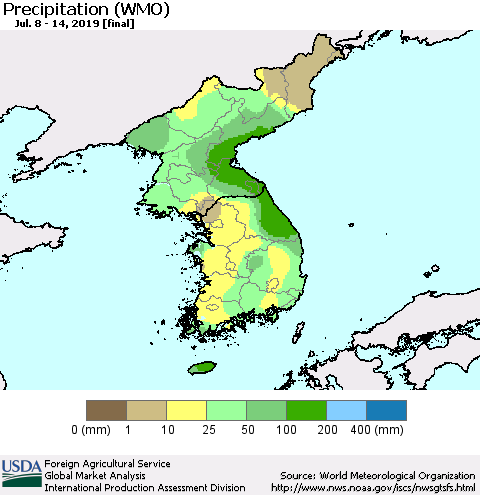 Korea Precipitation (WMO) Thematic Map For 7/8/2019 - 7/14/2019