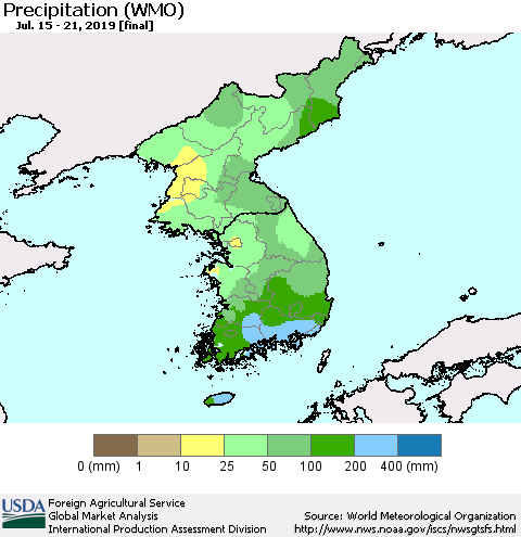 Korea Precipitation (WMO) Thematic Map For 7/15/2019 - 7/21/2019