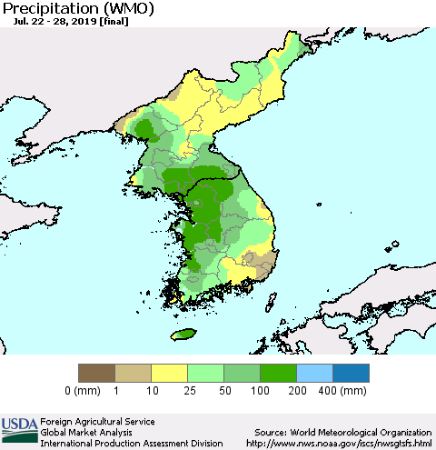 Korea Precipitation (WMO) Thematic Map For 7/22/2019 - 7/28/2019