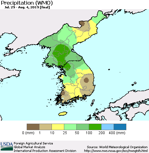 Korea Precipitation (WMO) Thematic Map For 7/29/2019 - 8/4/2019