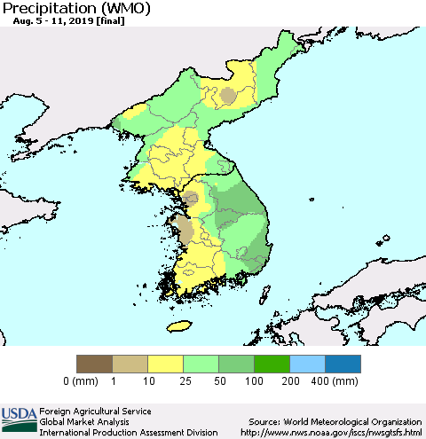 Korea Precipitation (WMO) Thematic Map For 8/5/2019 - 8/11/2019
