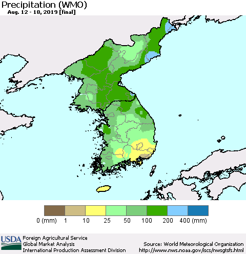 Korea Precipitation (WMO) Thematic Map For 8/12/2019 - 8/18/2019