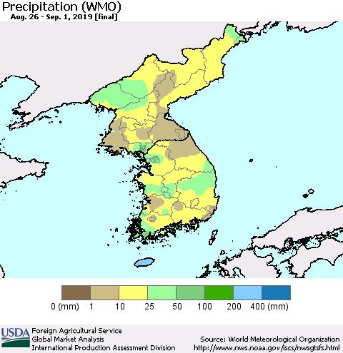 Korea Precipitation (WMO) Thematic Map For 8/26/2019 - 9/1/2019